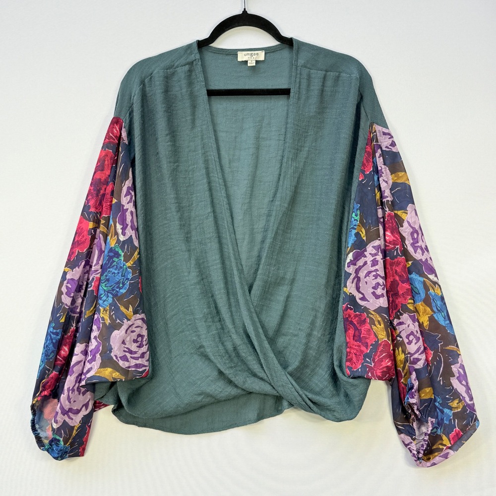 Umgee Blouse Womens‎ Small Teal Green Floral Loose Boho Festival Top Flowy Artsy